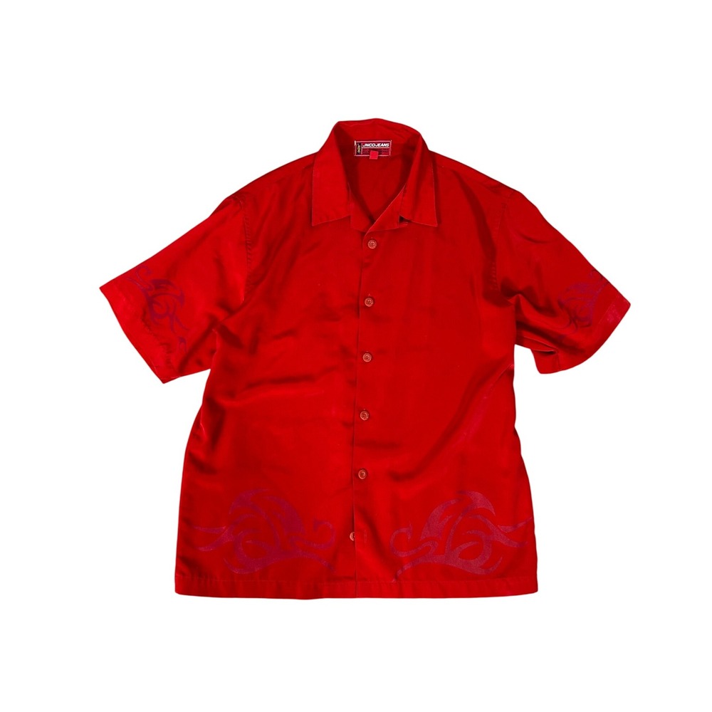 Vintage JNCO JEANS Red Short Sleeve‎ Button Up Shirt Men's Size M Tribal Flame